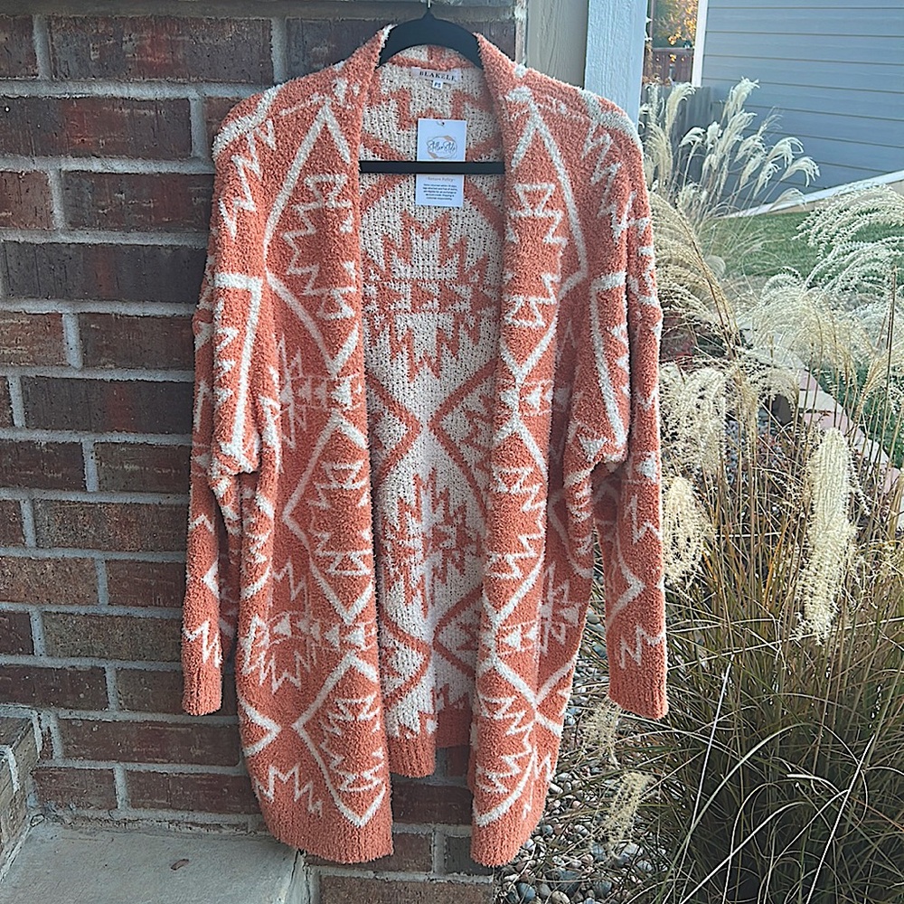 BLAKELEY Ladies Plus O/S Aztec Orange & Cream Reversible Sweater Cardigan